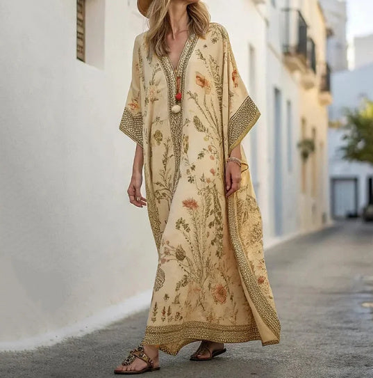 Long Sleeve Kaftan Linen Vacation Maxi Dress