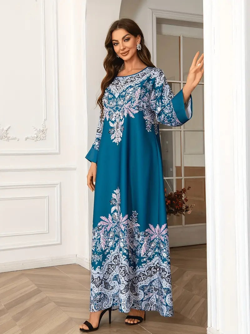 Printed Long Kaftan Dress - Long Sleeved, Round Neck With Bead Embellishment