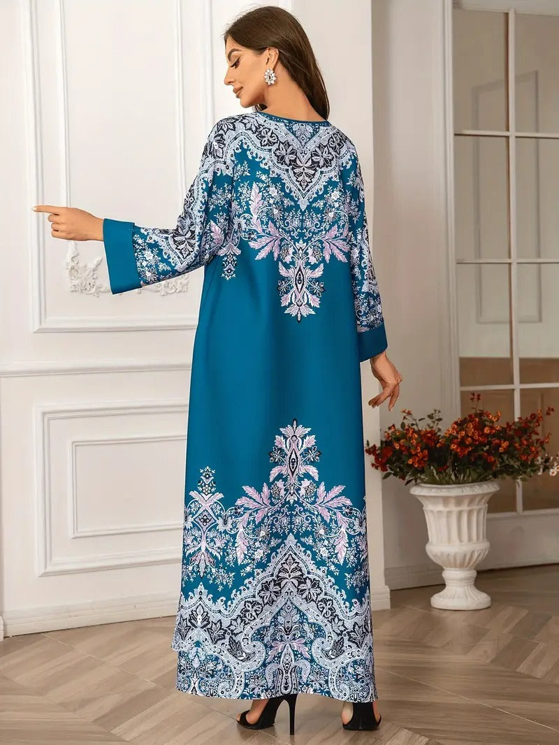 Printed Long Kaftan Dress - Long Sleeved, Round Neck With Bead Embellishment