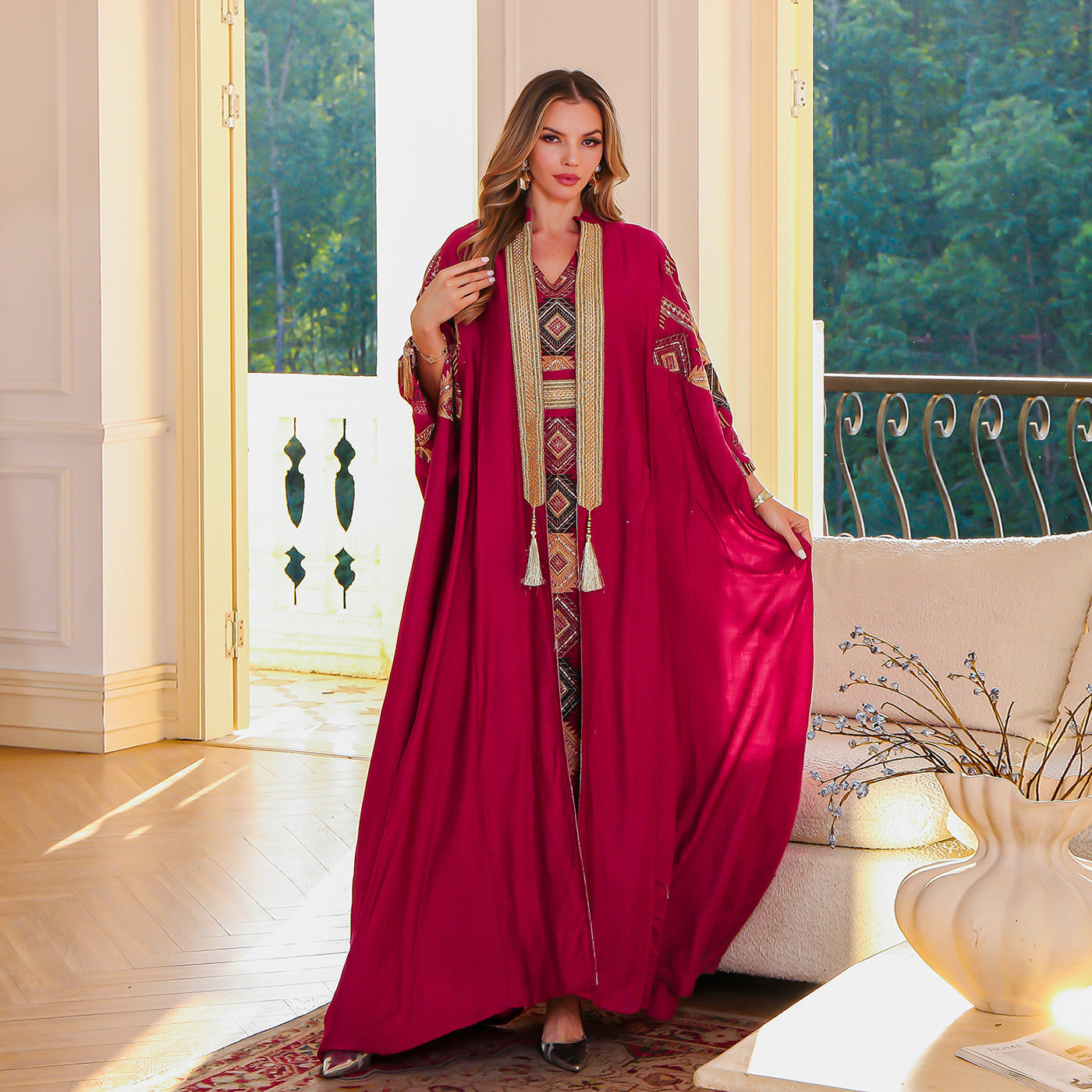 Middle East Muslim Embroidered Robe Abaya Light Luxury Evening Gown Two-piece Set Dress