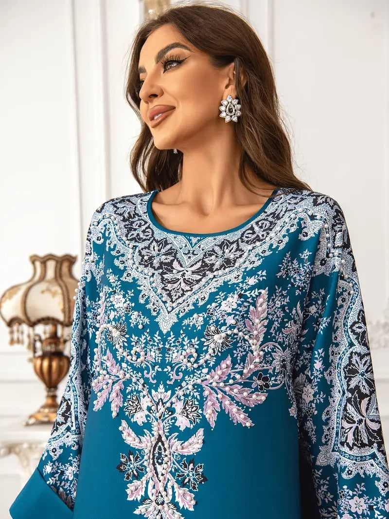 Printed Long Kaftan Dress - Long Sleeved, Round Neck With Bead Embellishment