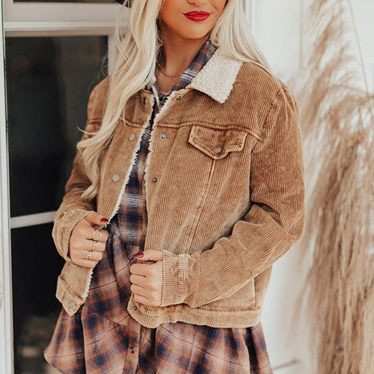 Ladies' corduroy lamb wool stitching jacket