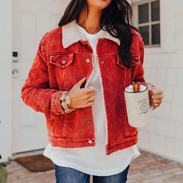 Ladies' corduroy lamb wool stitching jacket