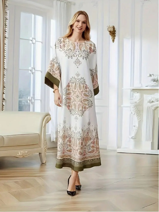 Elegant Floral Print Long Sleeve Abaya Dress