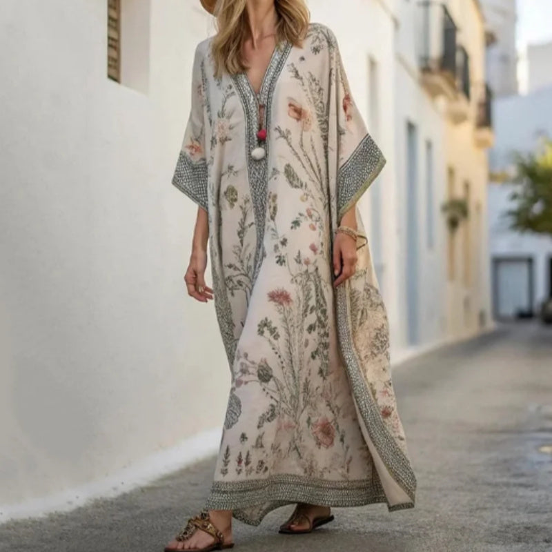 Long Sleeve Kaftan Linen Vacation Maxi Dress