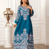 Printed Long Kaftan Dress - Long Sleeved, Round Neck With Bead Embellishment