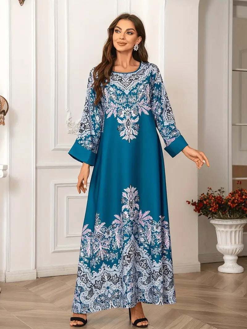 Printed Long Kaftan Dress - Long Sleeved, Round Neck With Bead Embellishment