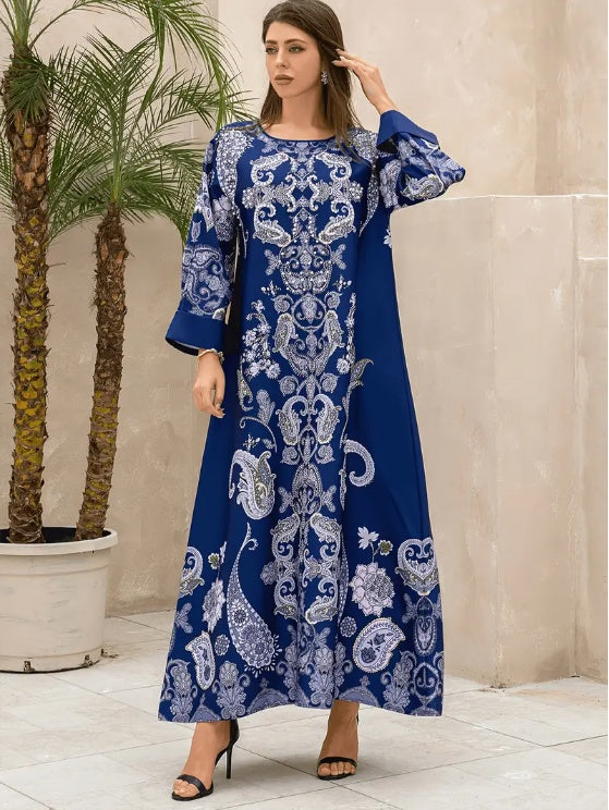 Elegant Floral Print Long Sleeve Abaya Dress
